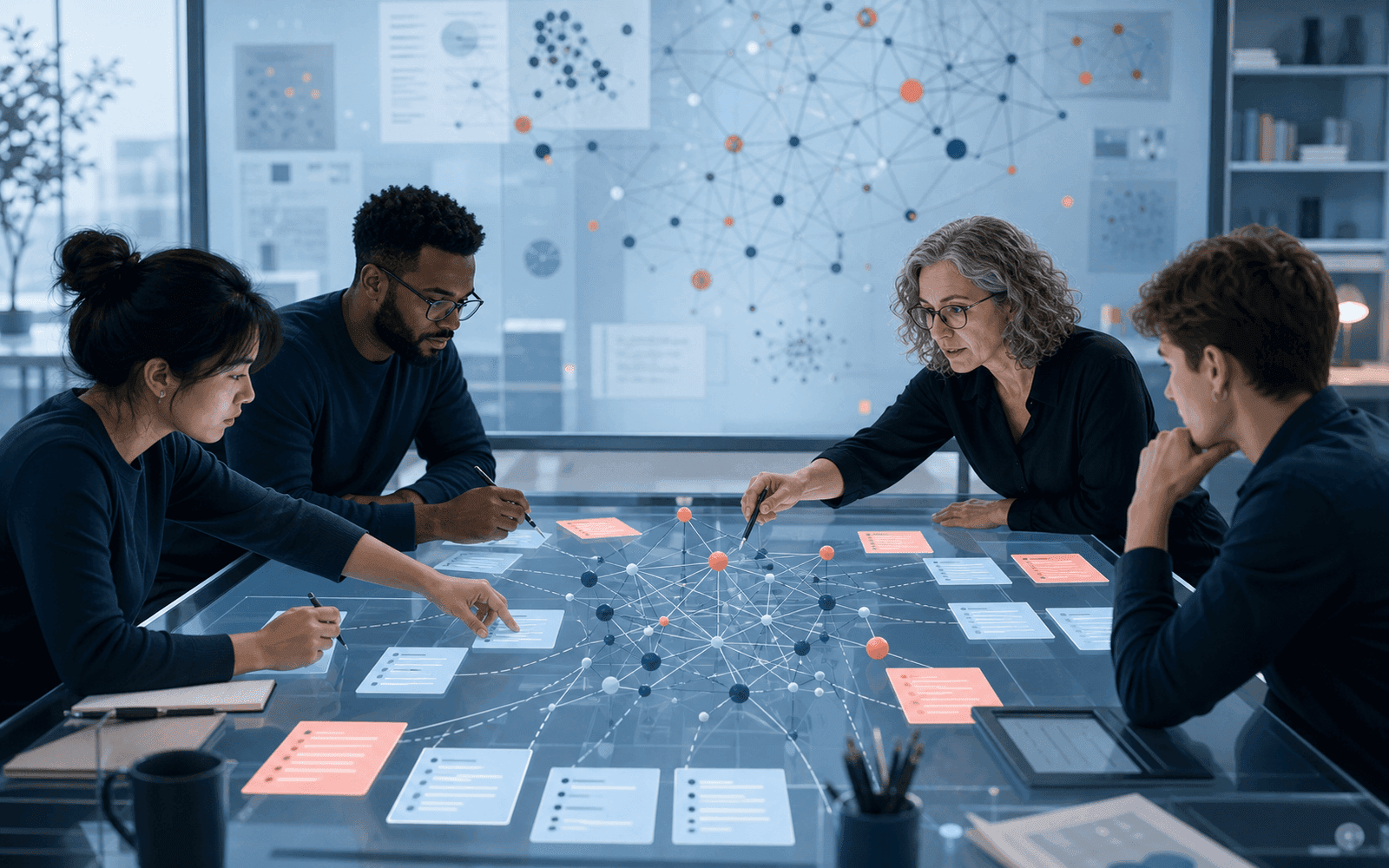 Photorealistic editorial photograph of researchers connecting coded excerpts to a transparent network model on a shared analysis table