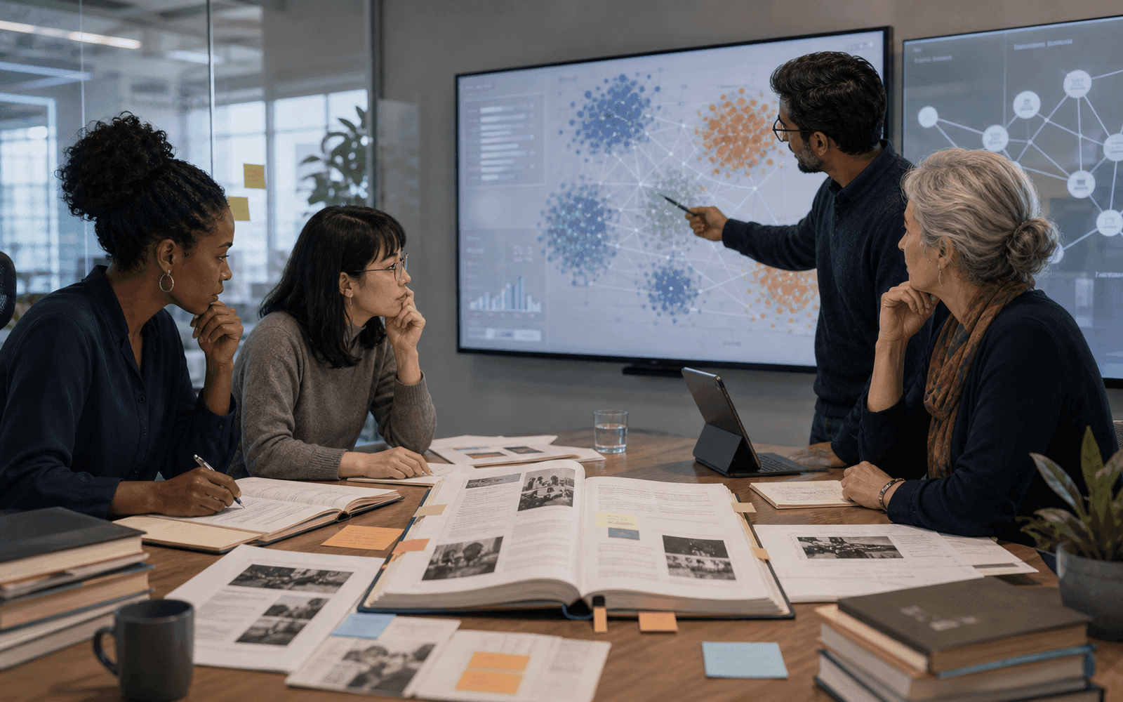 Photorealistic editorial photograph of qualitative researchers reviewing educator narratives beside transparent NLP clusters and an audit notebook