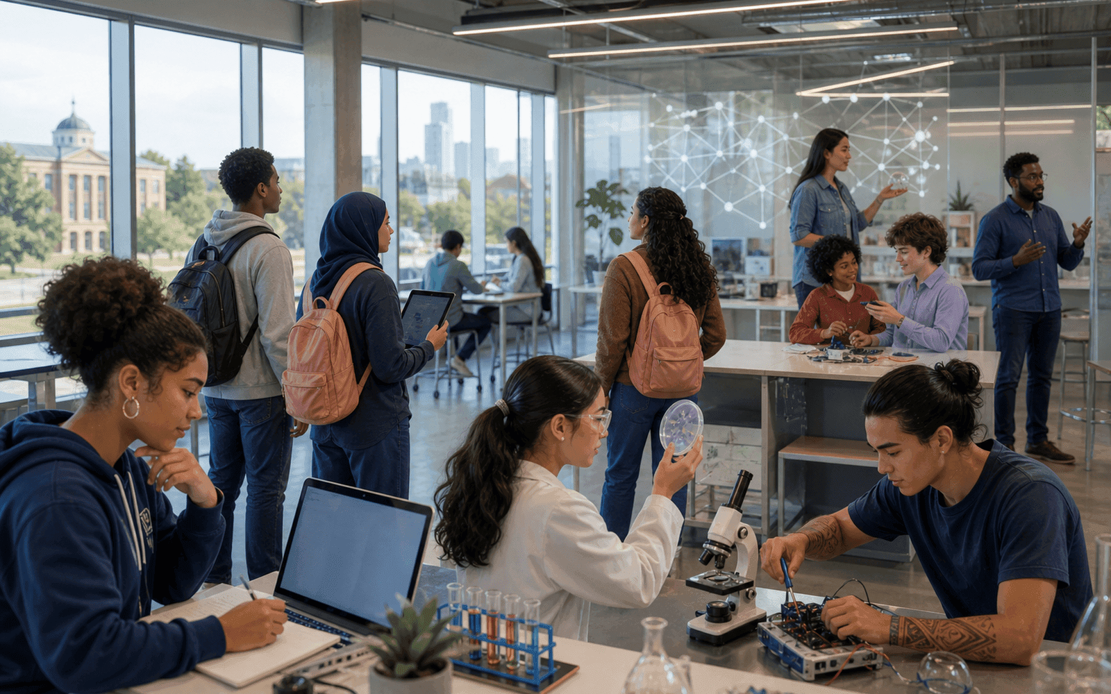Photorealistic editorial photograph of current students and alumni mapping different but connected pathways toward possible STEM futures