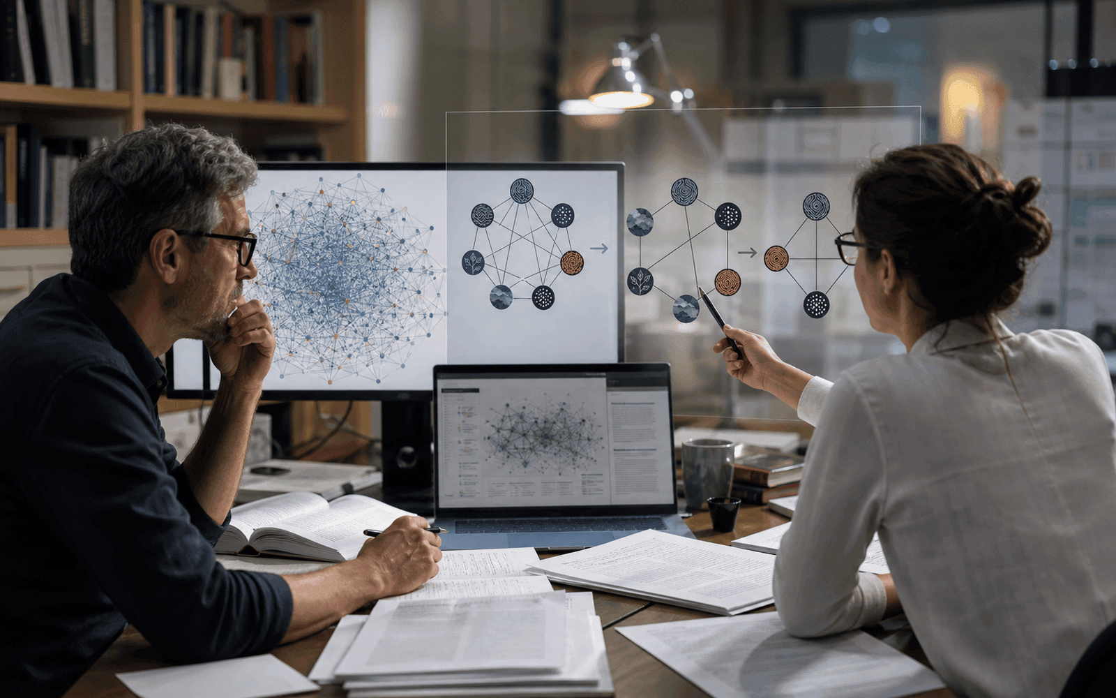 Photorealistic editorial photograph of an eight-code epistemic network being carefully simplified while qualitative meanings remain visibly tethered