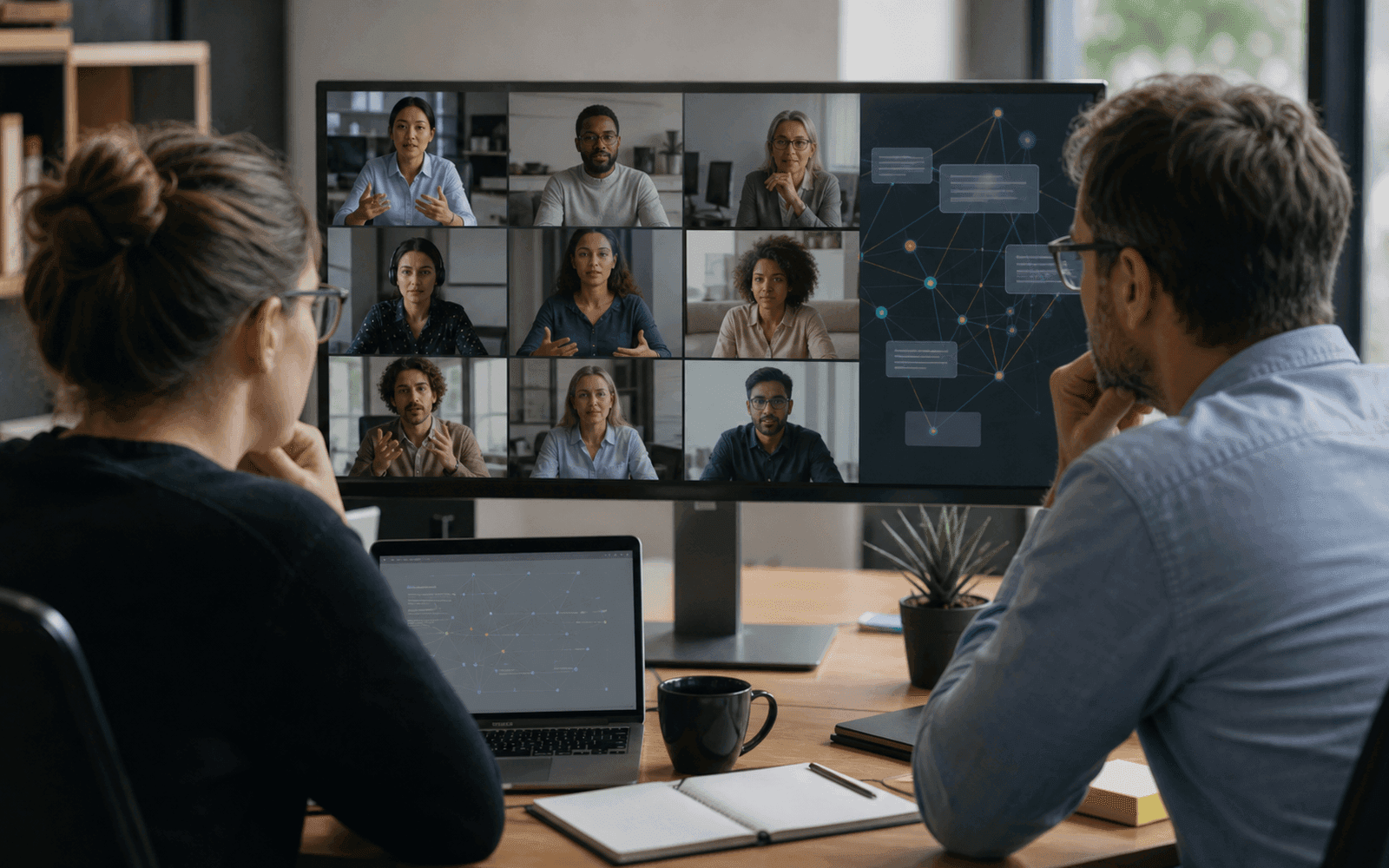 Photorealistic editorial photograph of MOOC discussion participants whose differently coded social-presence posts connect to distinct network positions