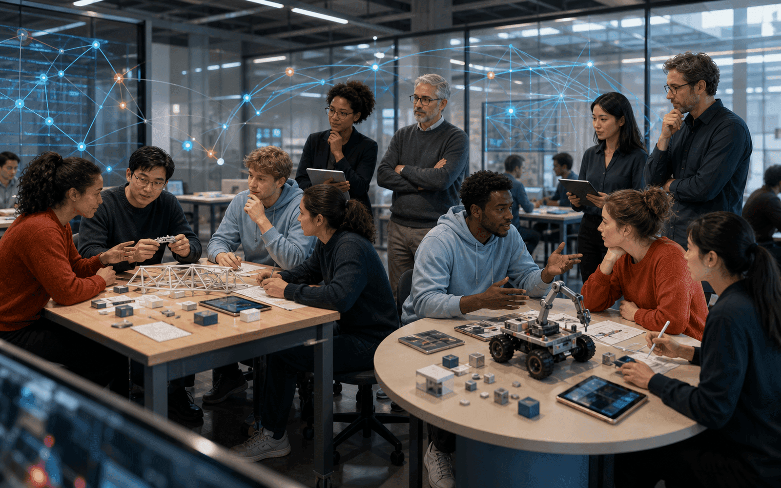Photorealistic editorial photograph of student engineering teams collaborating around differently shaped tables while temporal action links are recorded