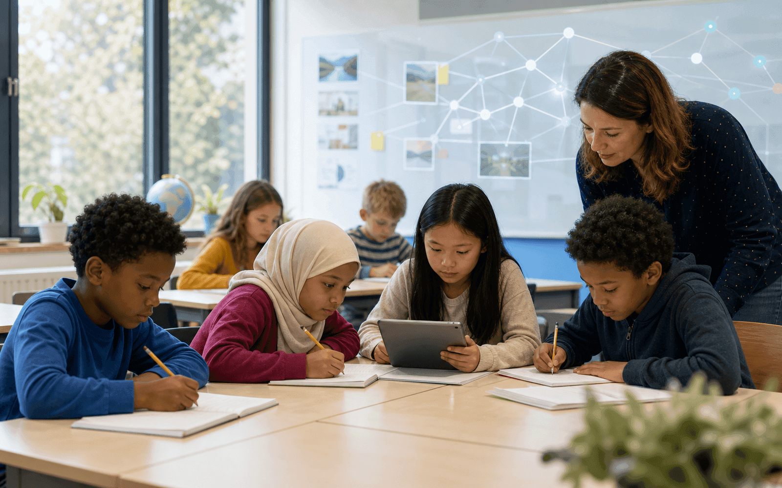 Photorealistic editorial photograph of children's writing pages across six grade levels transforming into layered thematic and cognitive networks