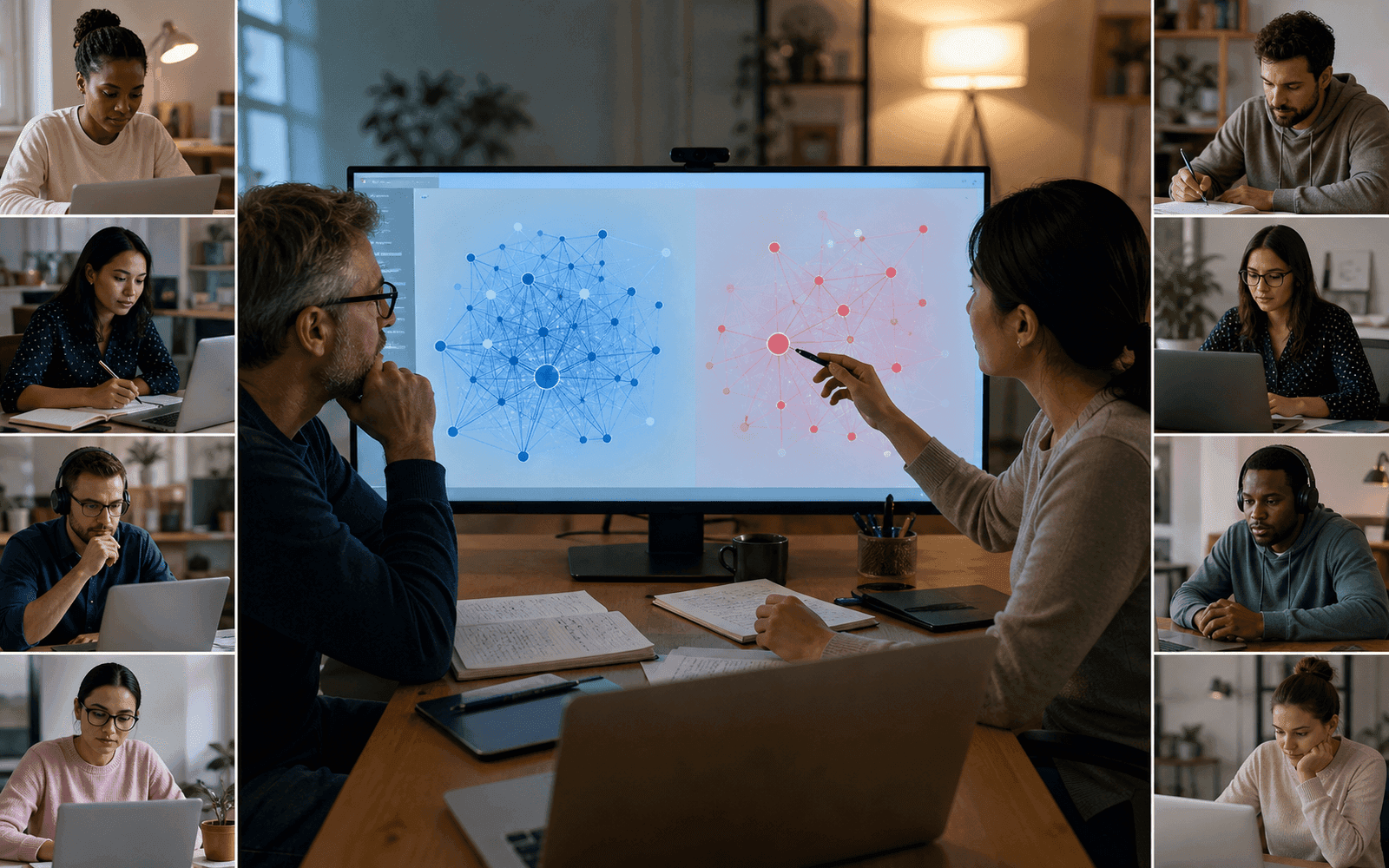 Photorealistic editorial photograph of MOOC discussion posts forming contrasting sentiment networks for higher- and lower-score learner groups