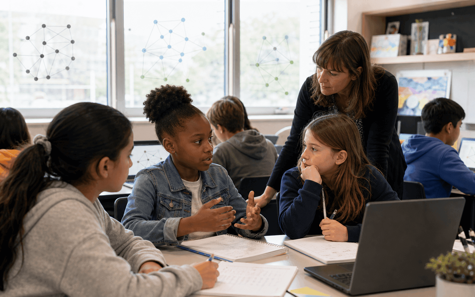 Photorealistic editorial photograph of Grade 5 students moving between Knowledge Forum and table talk as different idea-development networks emerge
