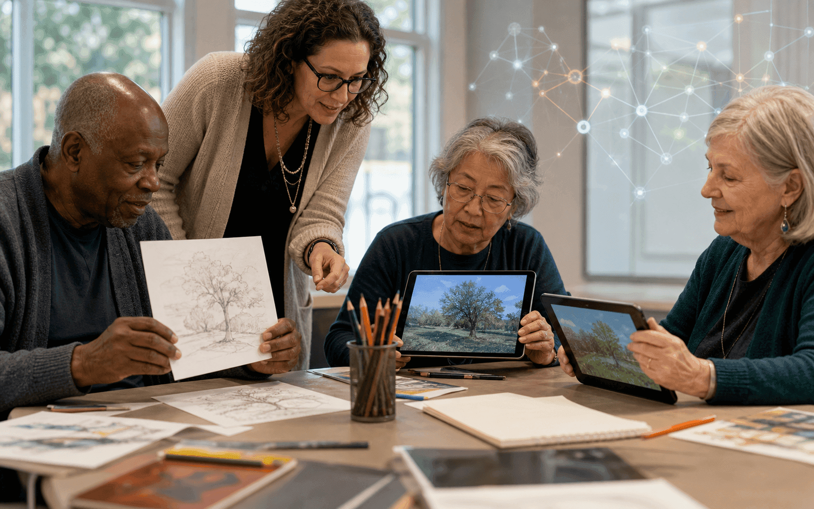 Photorealistic editorial photograph of older adults comparing hand-drawn and AI-assisted visions of learning while supportive design needs connect around them